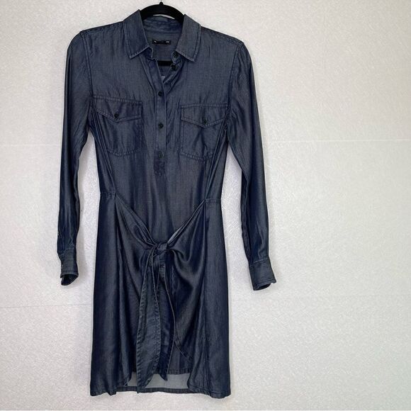 CLUB Monaco Ladore Denim Tie Front Shirt Dress Blue 0 - Picture 2 of 6